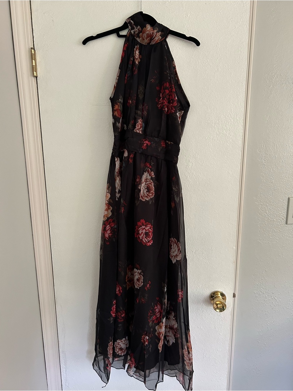 Floral Halter Maxi Dress in Black with Rose Print